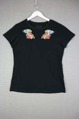 Lucky 13 Women's T-Shirt Black Short Sleeve Mom Dad Winged Heart Graphic Tee Siz
